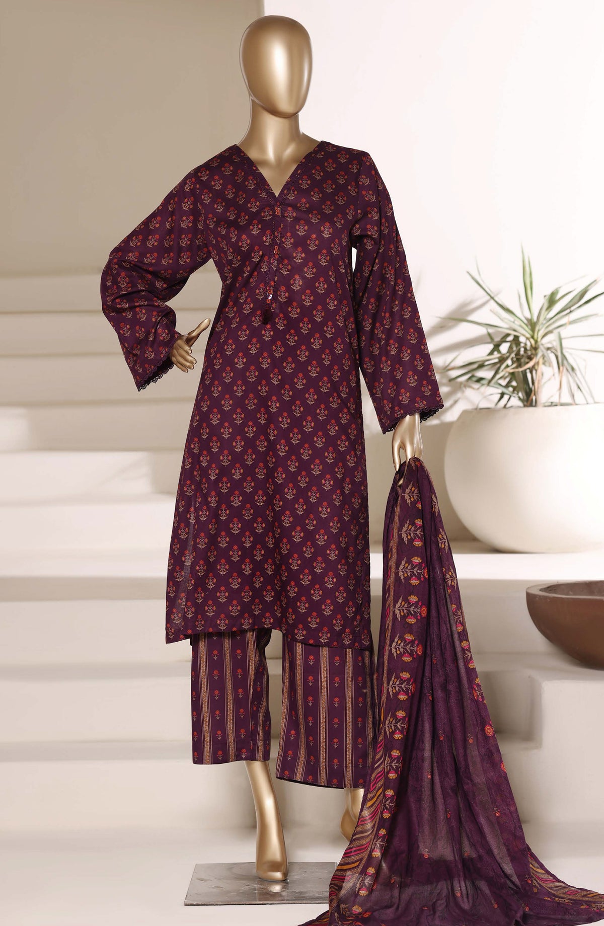 Sadabahar Printed Lawn Stitched 3 Piece Suit - D-05 - SBD26NWV - Maroon - Summer Collection