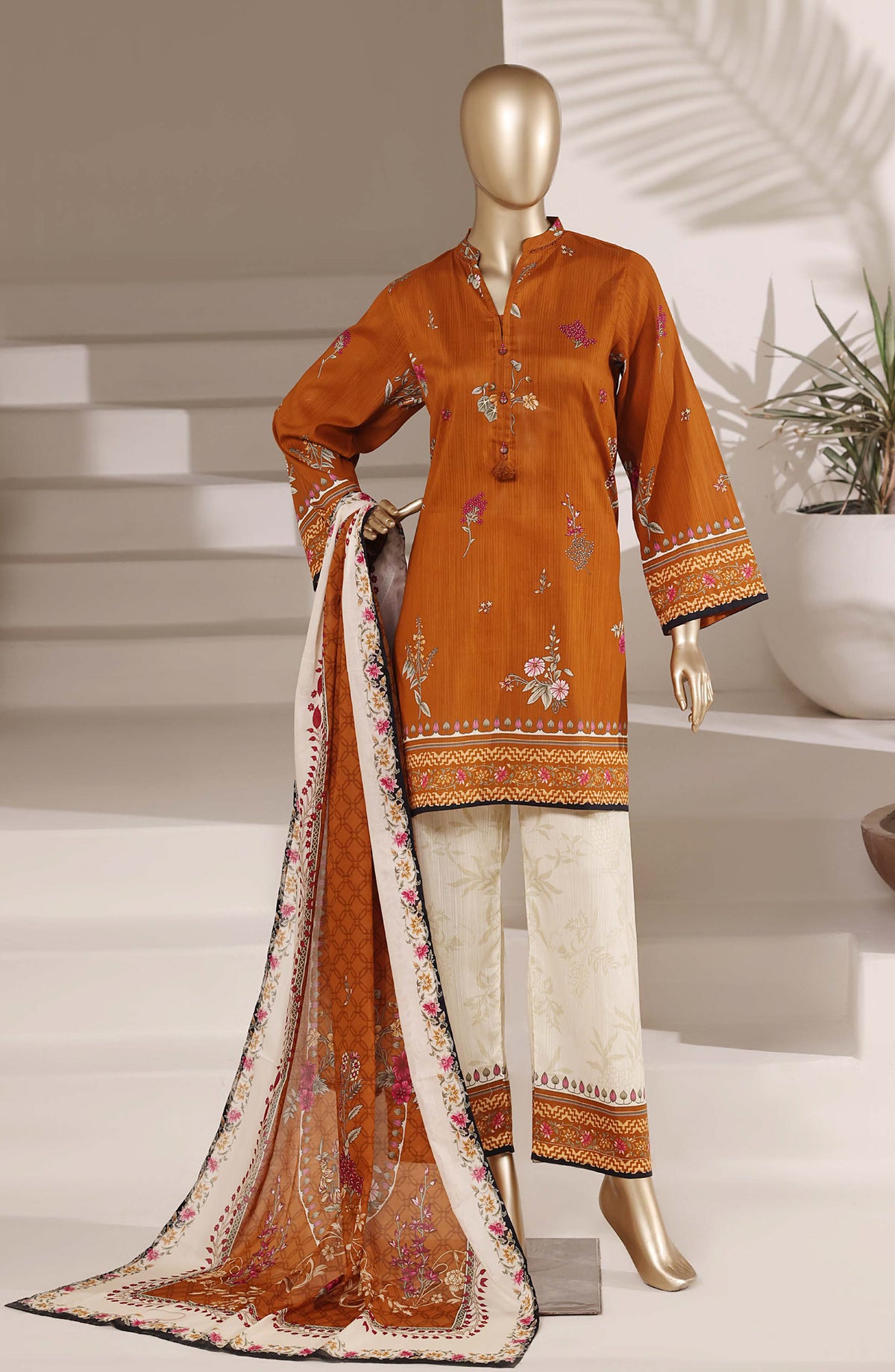 Sadabahar Printed Lawn Stitched 3 Piece Suit - D-03 - SBD26EGH - Rust - Summer Collection