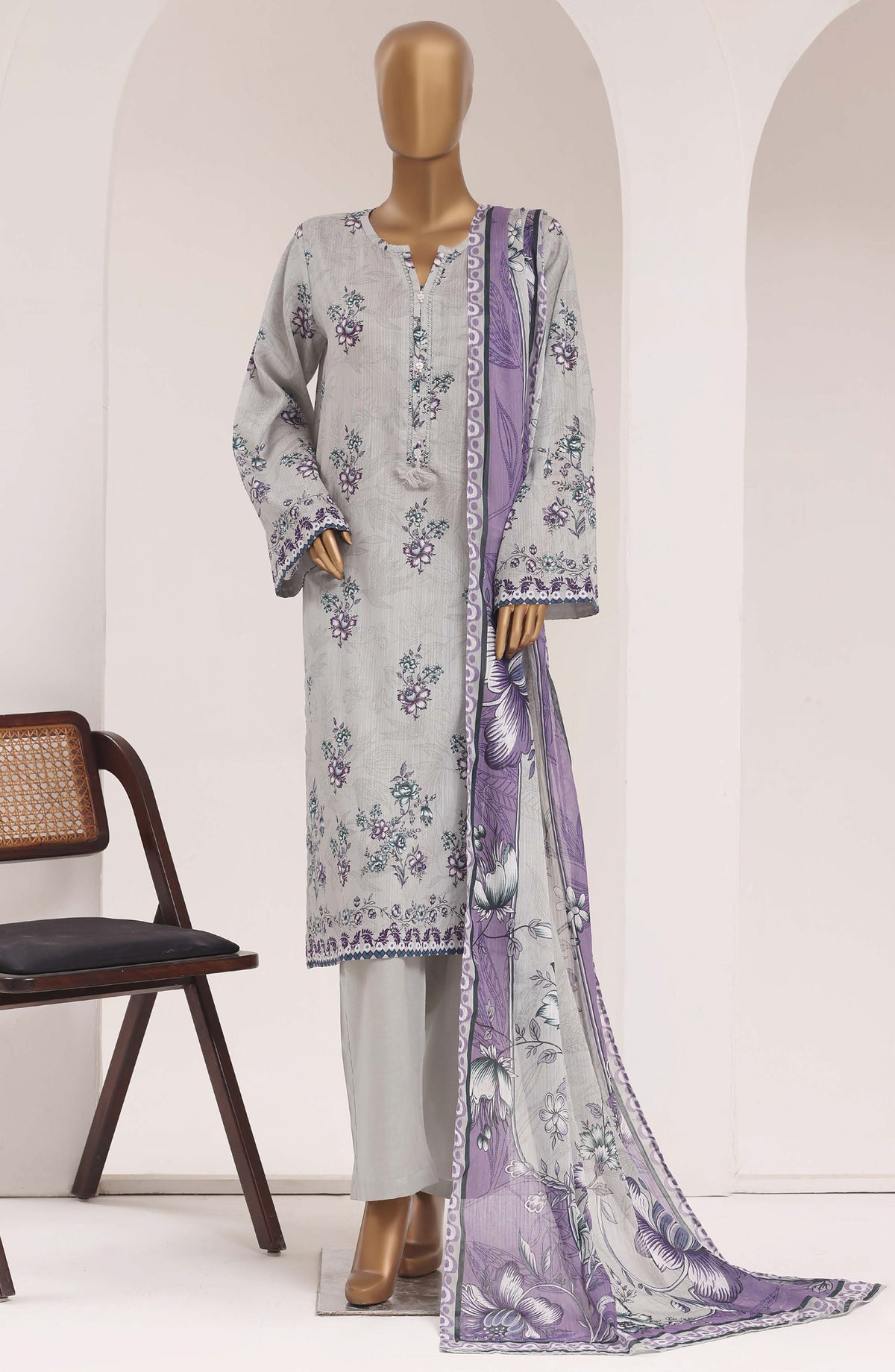 Sadabahar Printed Lawn Stitched 3 Piece Suit - D-03 - SBD26TEN - Grey - Summer Collection