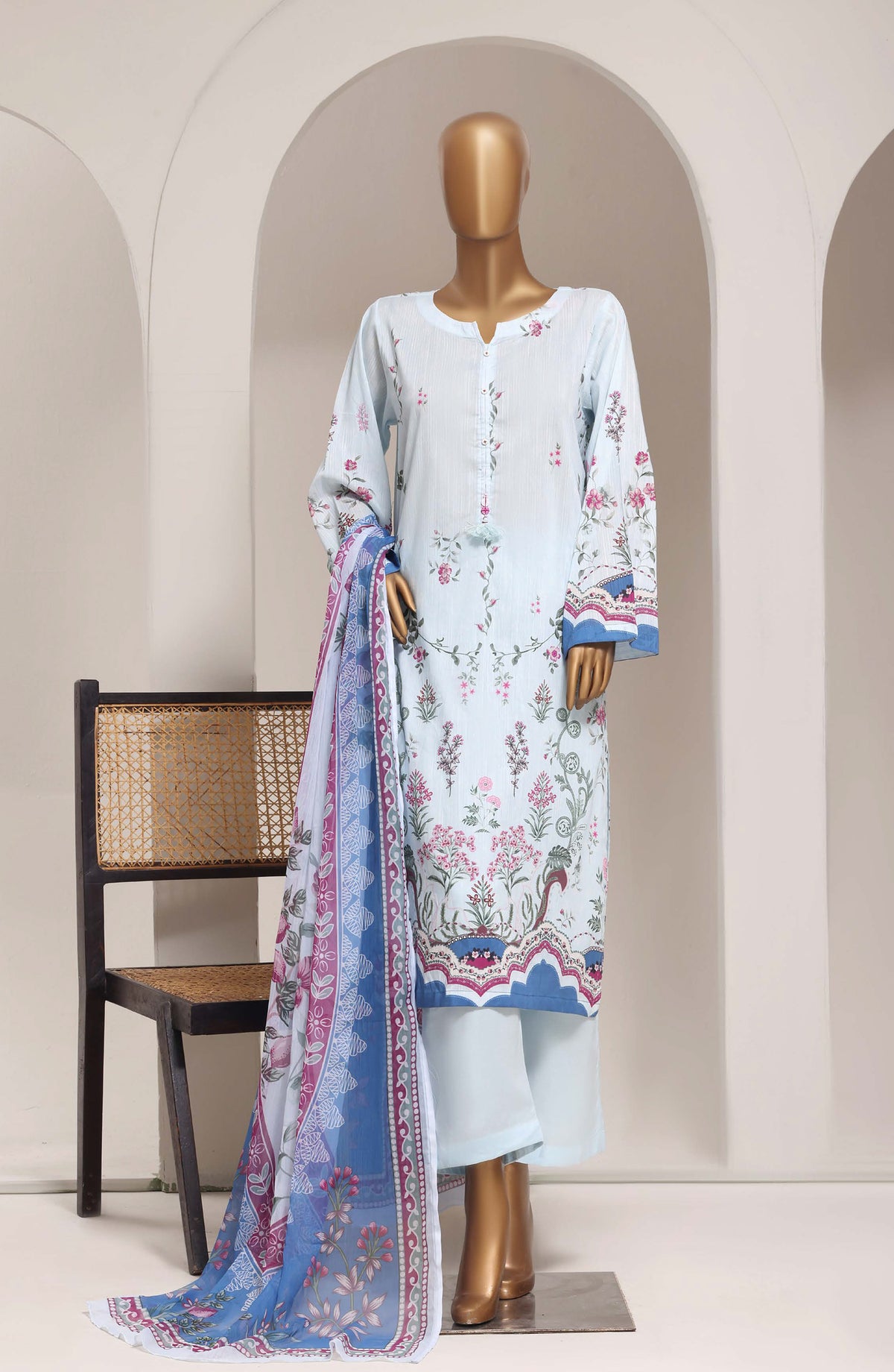 Sadabahar Printed Lawn Stitched 3 Piece Suit - D-02 - SBD26ELV - Ice Blue - Summer Collection