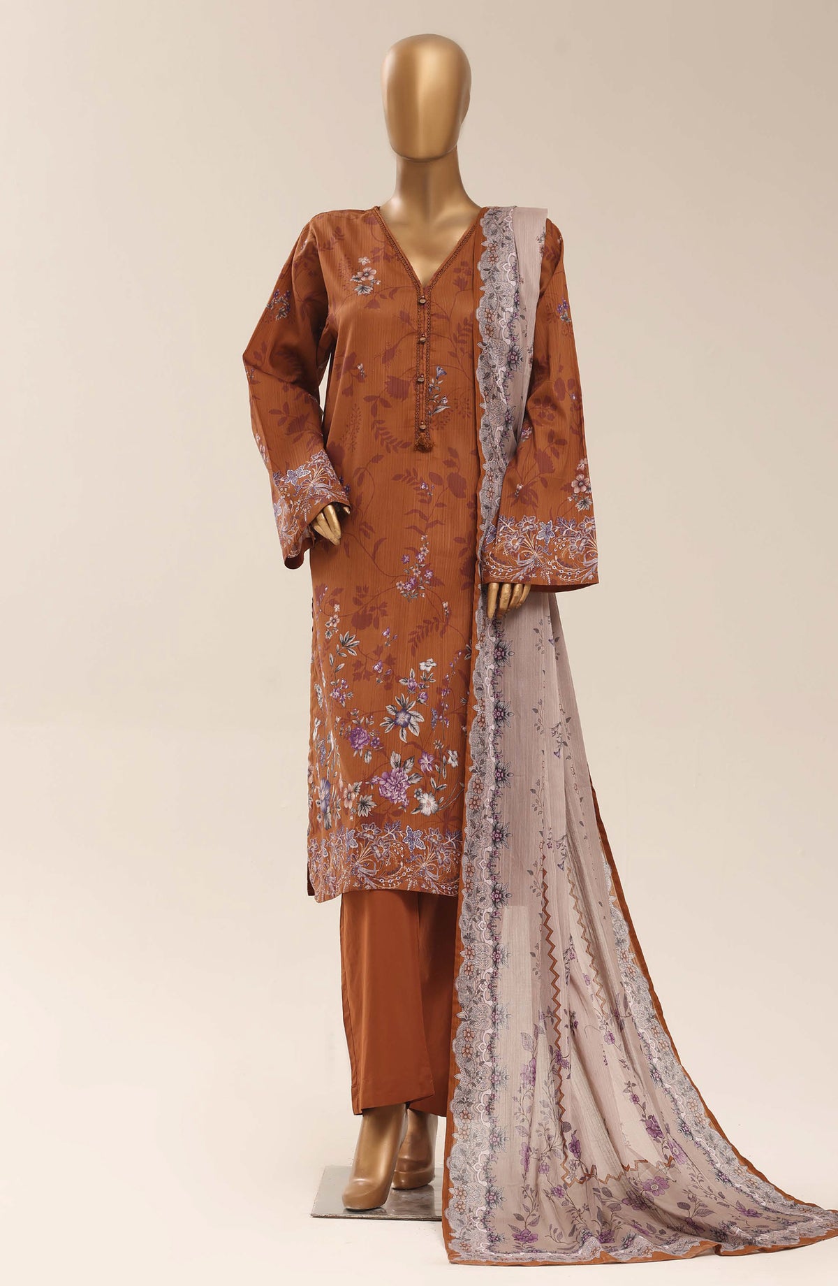 Sadabahar Printed Lawn Stitched 3 Piece Suit - D-15 - SBD26WET - Brown - Summer Collection