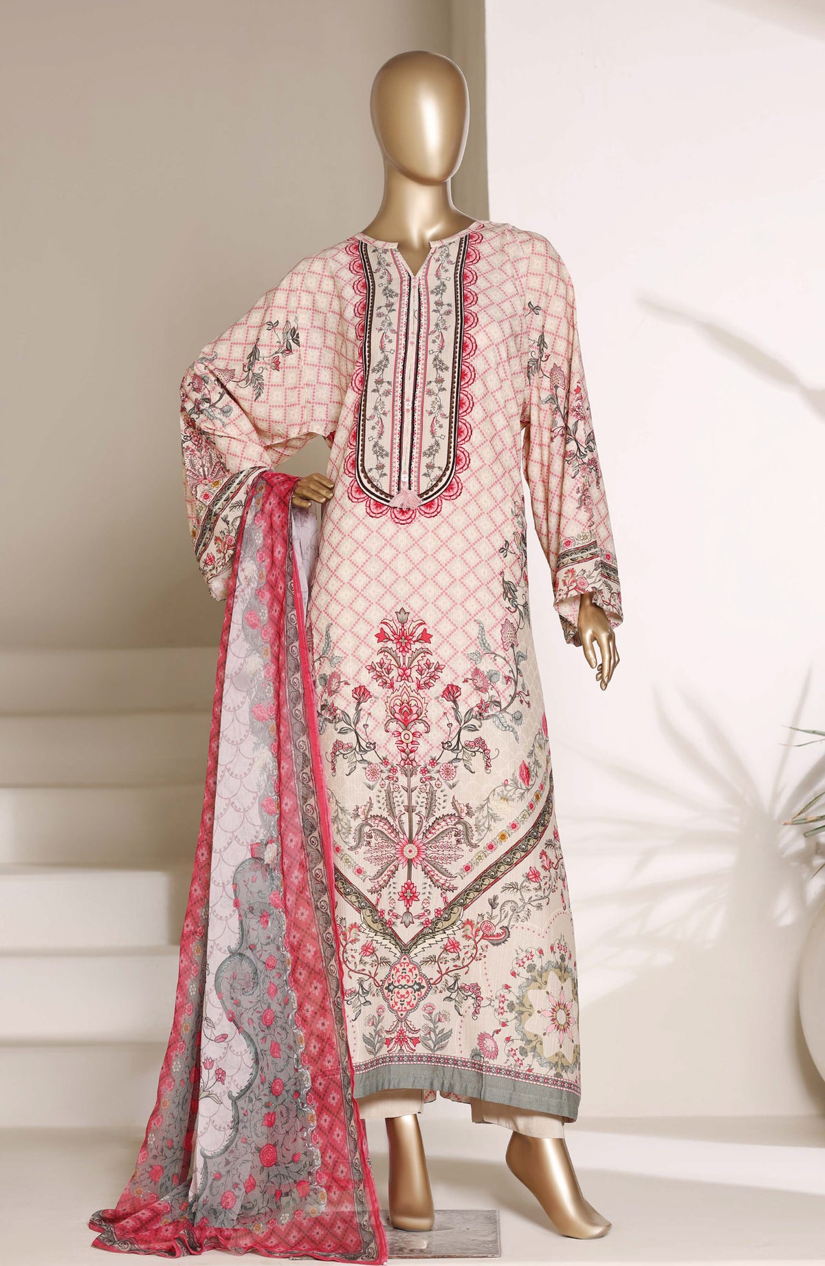 Sadabahar Printed Viscose Stitched 3 Piece Suit - D-01 - SBD26VFK - Pink - Summer Collection