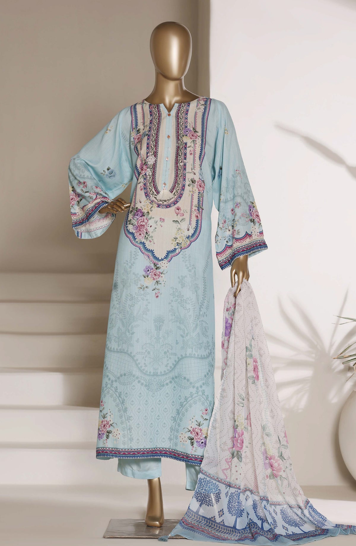 Sadabahar Printed Viscose Stitched 3 Piece Suit - D-02 - SBD26VFK - Blue - Summer Collection