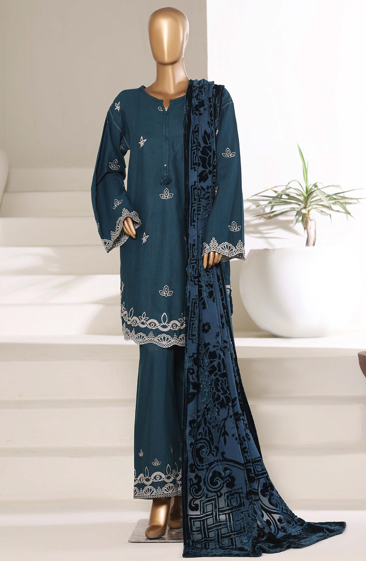 Sadabahar Luxury Embroidered Khaddar Karandi Stitched 3 Piece Suit - Design-03 - SBD25KKR - Blue - Winter Collection
