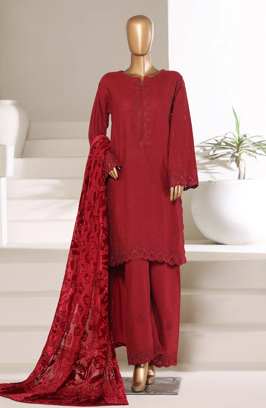 Sadabahar Luxury Embroidered Khaddar Karandi Stitched 3 Piece Suit - Design-02 - SBD25KKR - Red - Winter Collection
