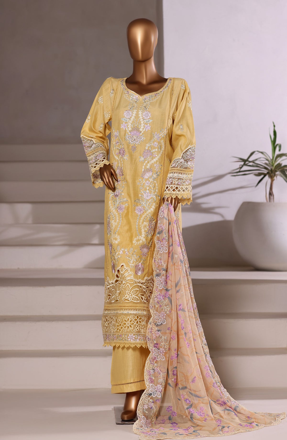 Sadabahar Festive Embroidered Viscose Stitched 3 Piece Suit - Design-06 - SBD25OSE - Yellow - Winter Collection