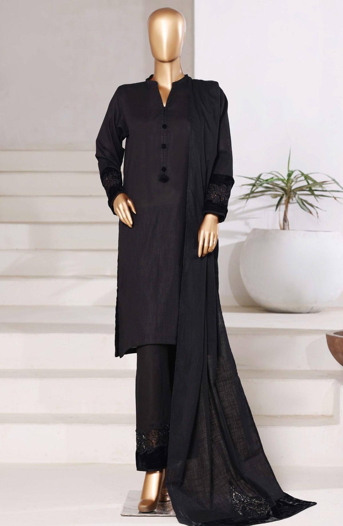 Sadabahar Premium Embroidered Cross Texture Stitched 3 Piece Suit - Design-07 - SBD25FEST - Black - Winter Collection