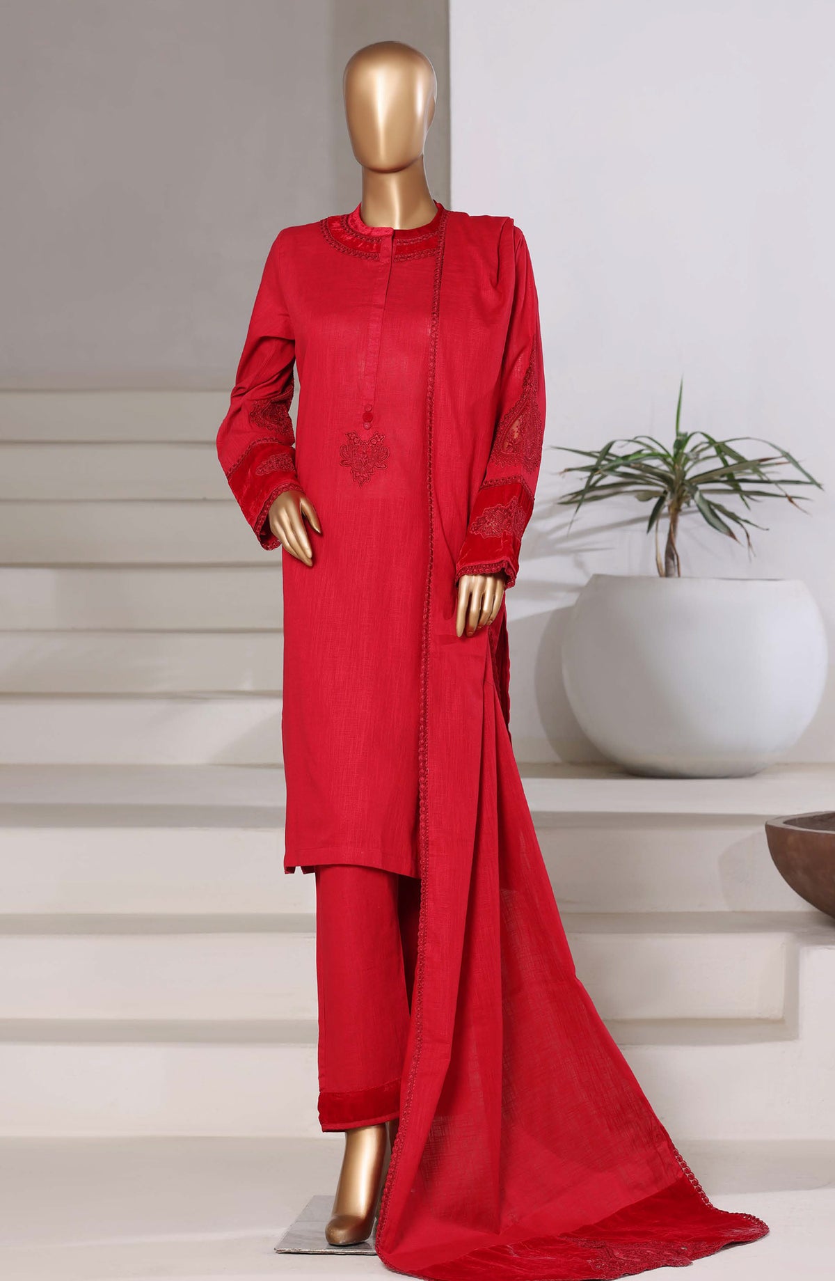 Sadabahar Premium Embroidered Cross Texture Stitched 3 Piece Suit - Design-02 - SBD25FEST - Red - Winter Collection