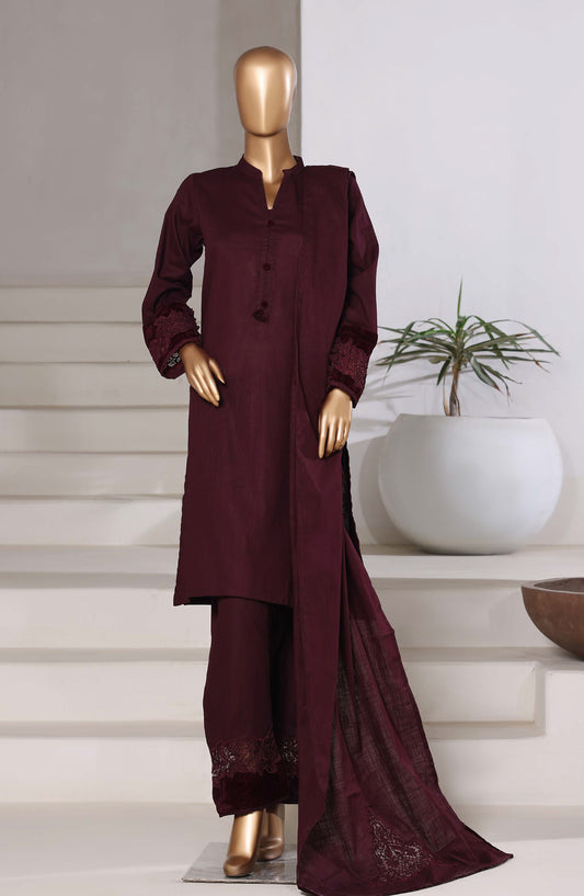 Sadabahar Premium Embroidered Cross Texture Stitched 3 Piece Suit - Design-01 - SBD25FEST - Maroon - Winter Collection