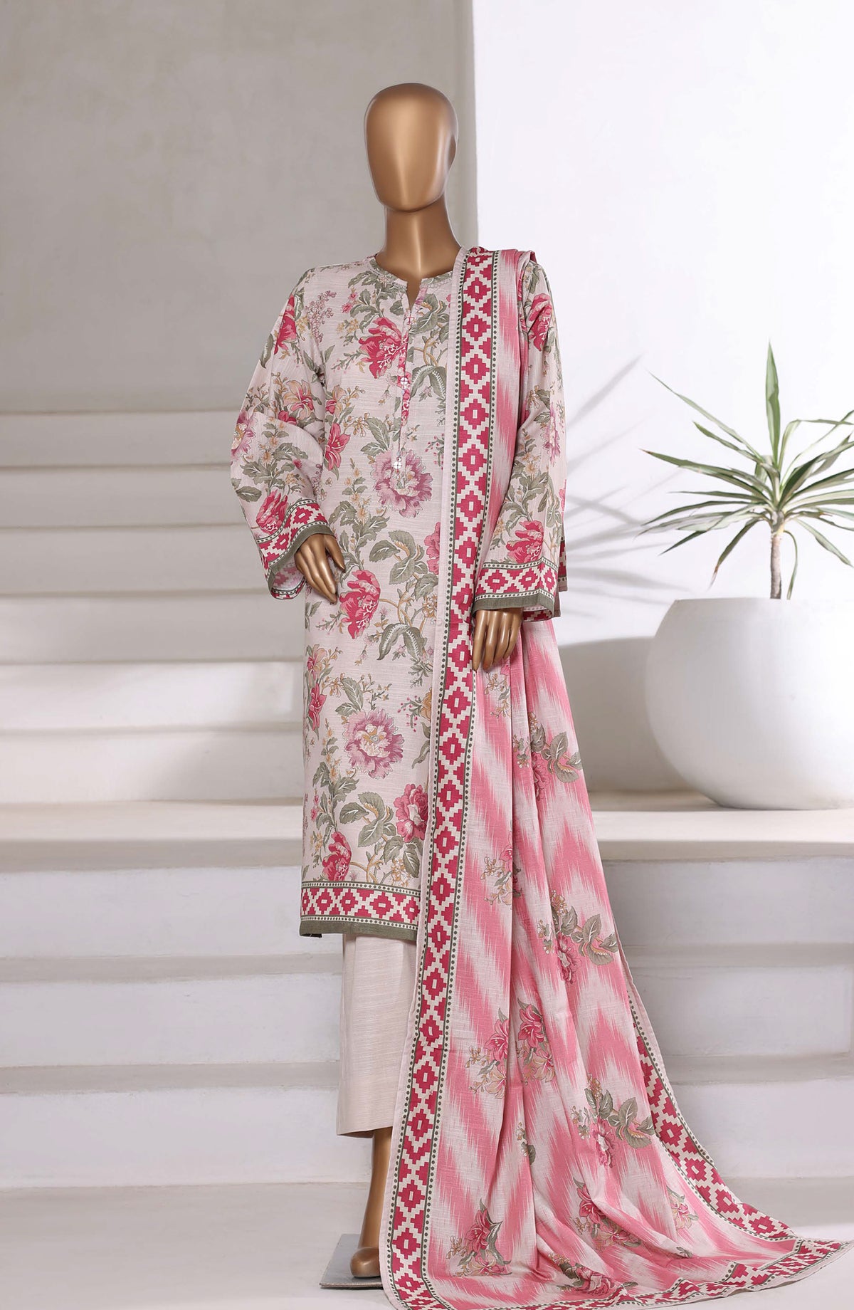 Sadabahar Printed Khaddar Stitched 3 Piece Suit - Design-08 - SDB25KHD - Pink - Winter Collection