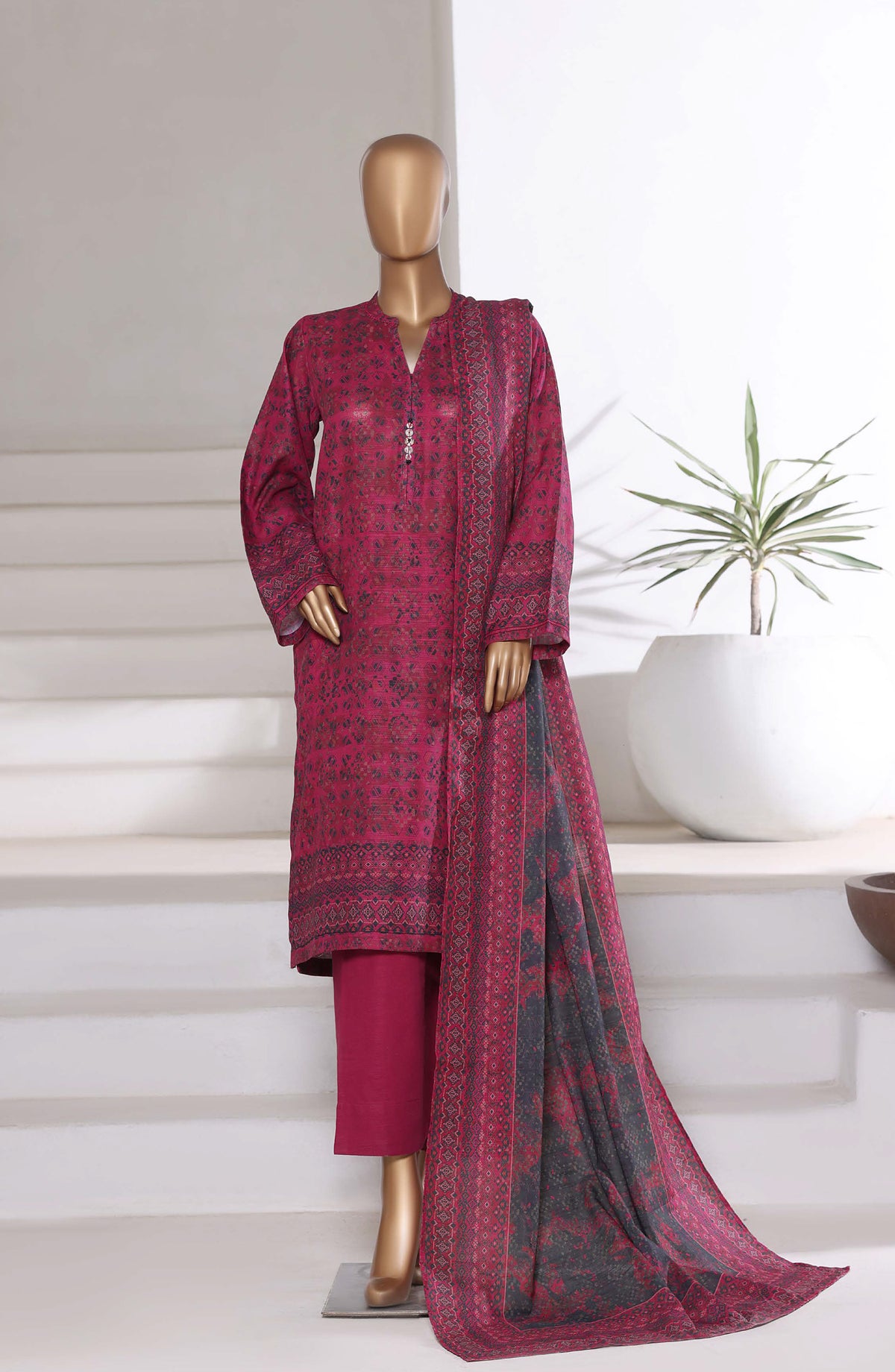 Sadabahar Printed Khaddar Stitched 3 Piece Suit - Design-07 - SDB25KHD - Red - Winter Collection