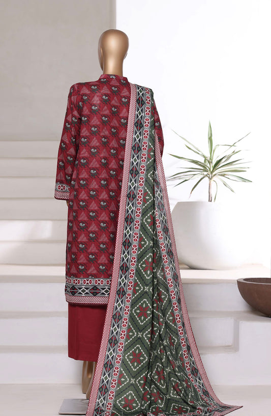 Sadabahar Printed Khaddar Stitched 3 Piece Suit - Design-05 - SDB25KHD - Red - Winter Collection