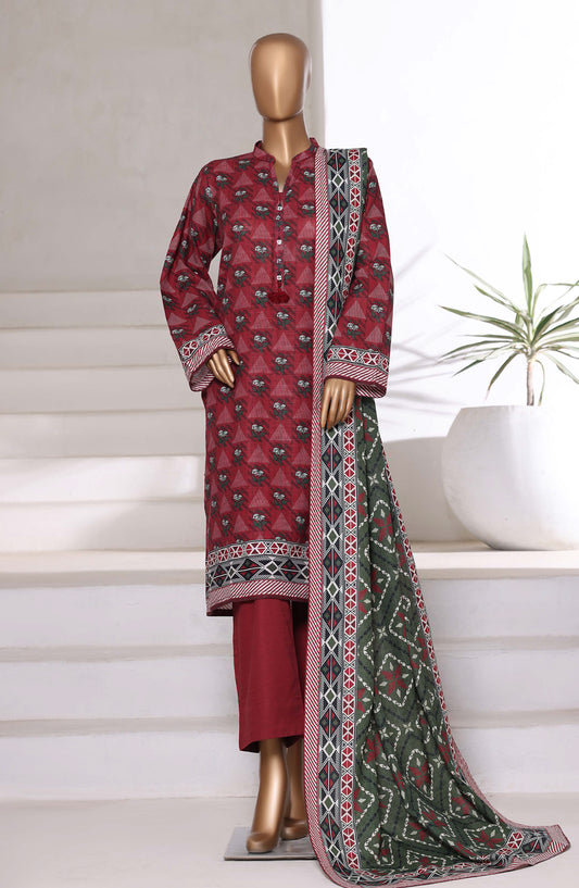 Sadabahar Printed Khaddar Stitched 3 Piece Suit - Design-05 - SDB25KHD - Red - Winter Collection