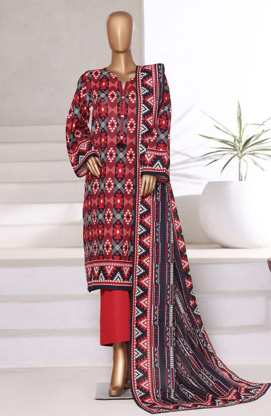 Sadabahar Printed Khaddar Stitched 3 Piece Suit - Design-02 - SDB25KHD - Red - Winter Collection