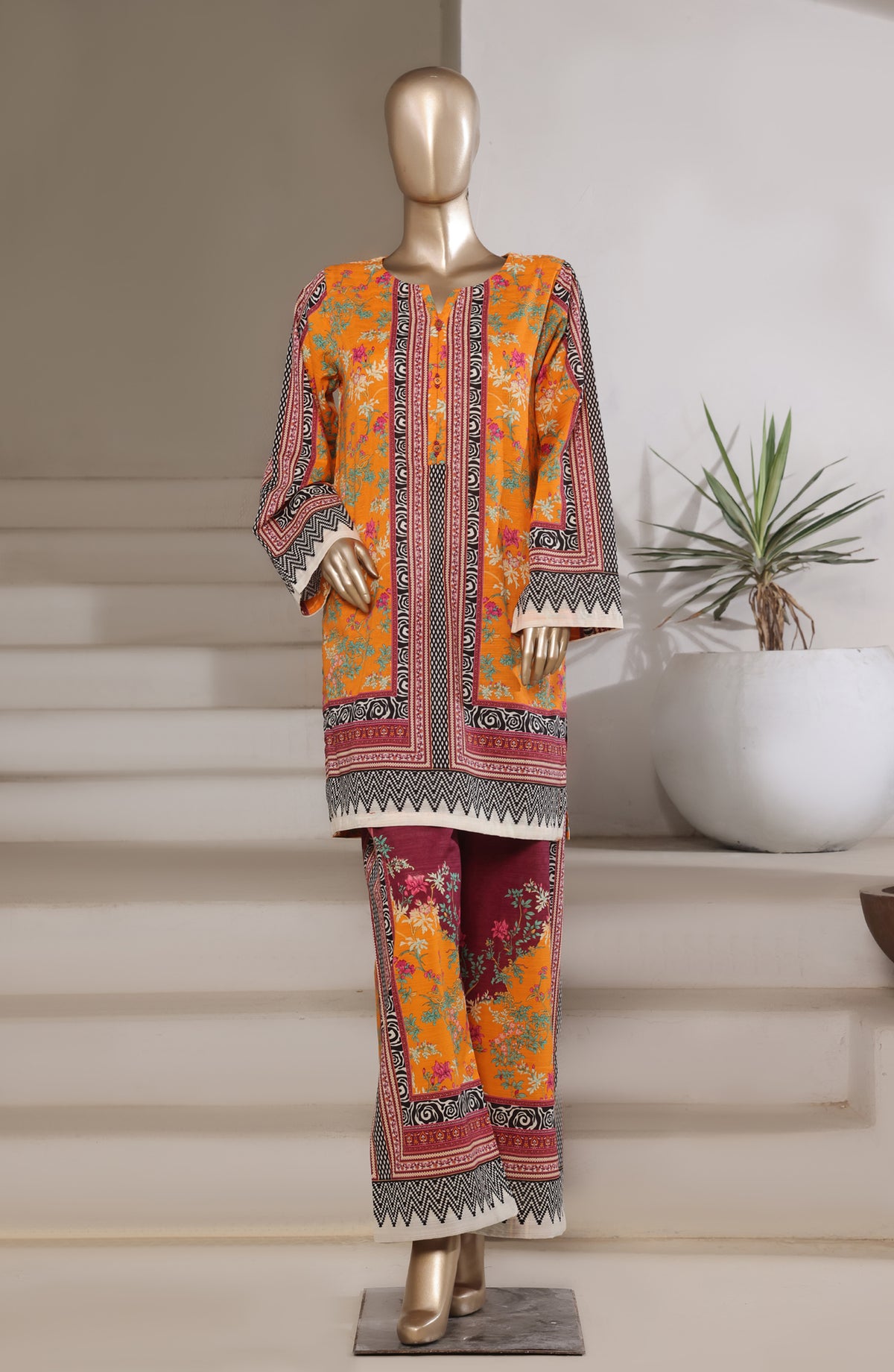 Sadabahar Digital Printed Bana Dora Cotton Stitched 2 Piece Suit - Design-05 - SD25PRN - Orange - Summer Collection