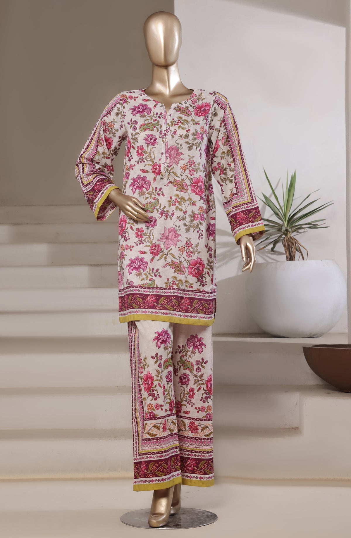 Sadabahar Digital Printed Bana Dora Cotton Stitched 2 Piece Suit - Design-03 - SD25PRN - Pink - Summer Collection