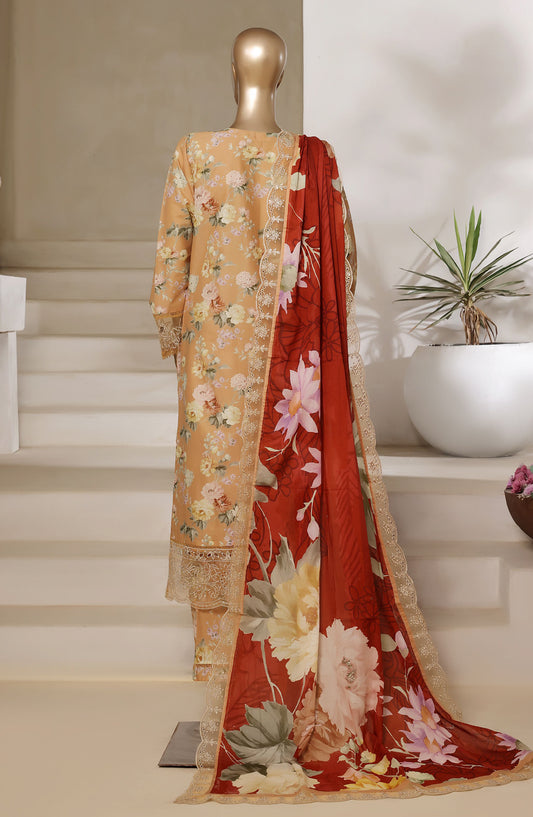 Sadabahar Embroidered Lawn Stitched 3 Piece Suit - Design-08 - SD25SGF2 - Orange - Festive Collection