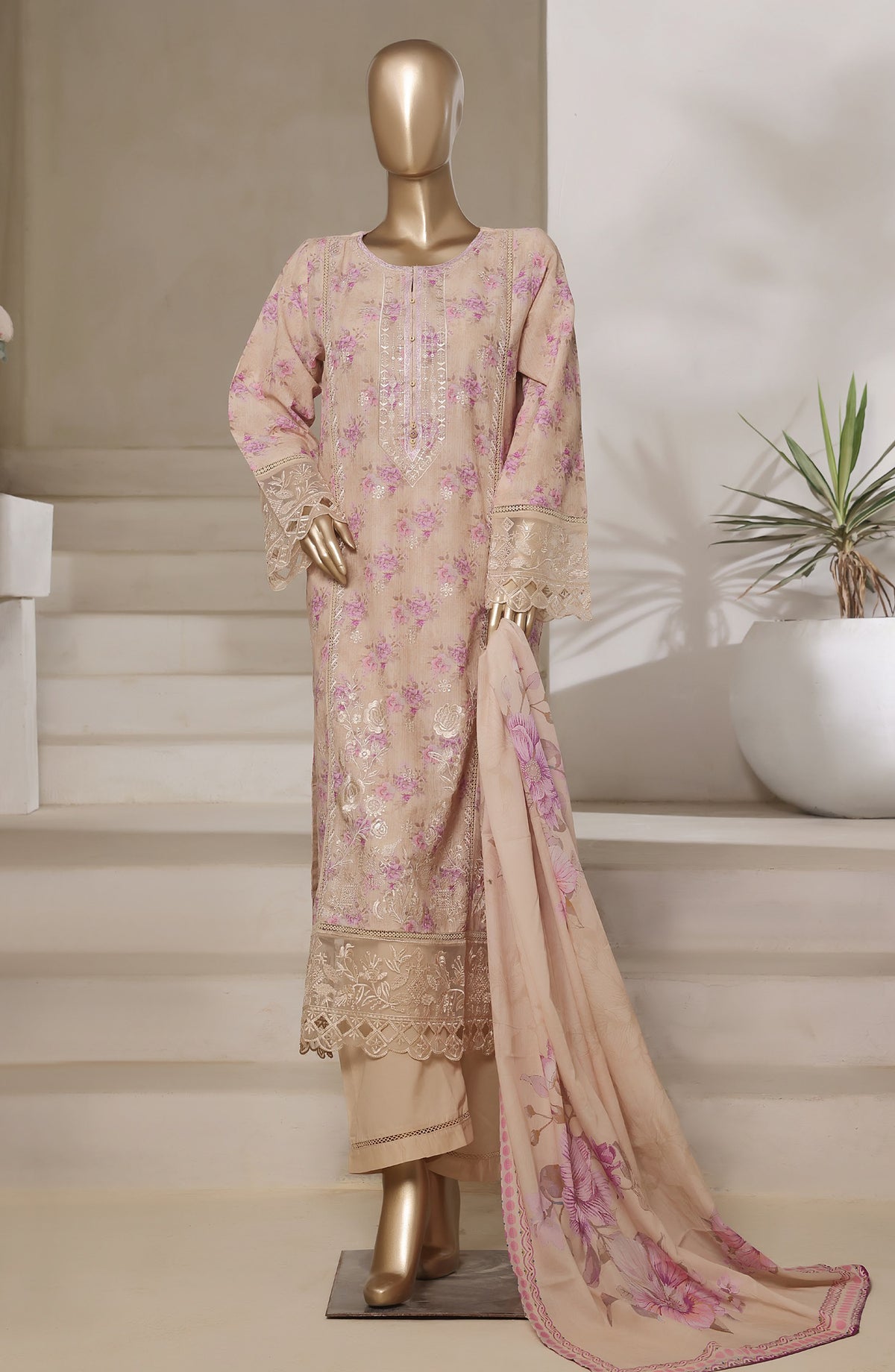 Sadabahar Embroidered Lawn Stitched 3 Piece Suit - Design-07 - SD25SGF2 - Peach - Festive Collection