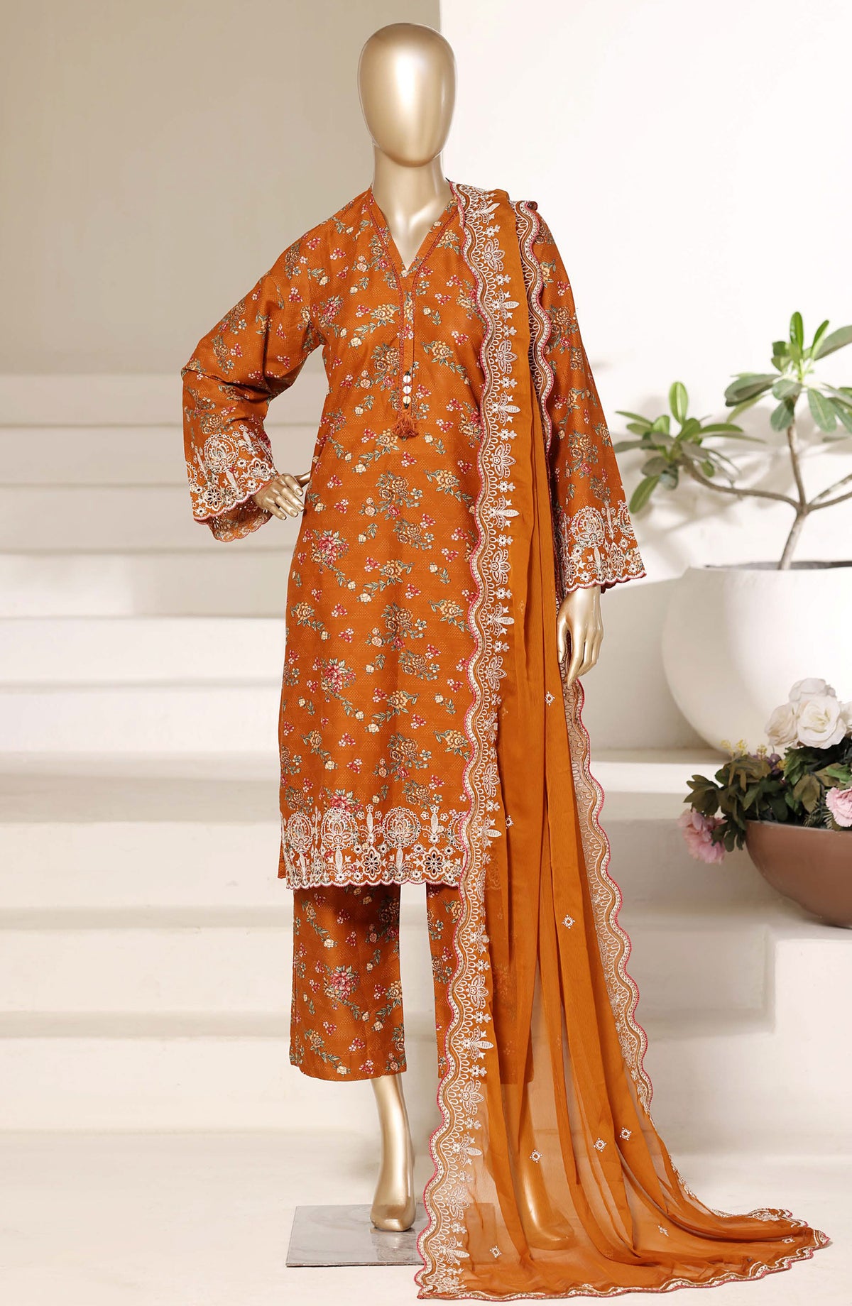 Sadabahar Regal Embroidered Lawn Stitched 3 Piece Suit - RD-03 - SBD26GAL - Orange - Festive Collection