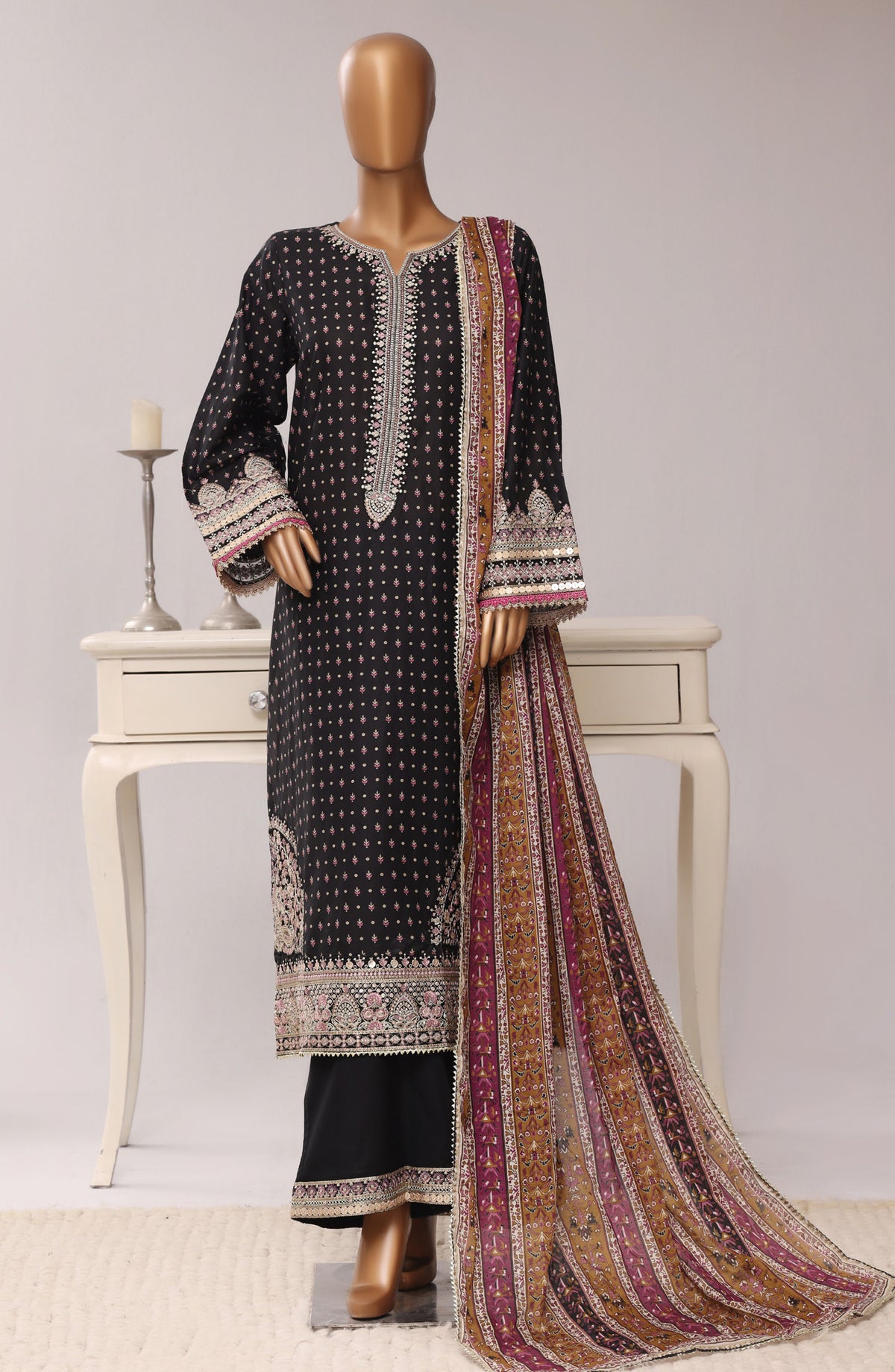 Sadabahar Regal Embroidered Lawn Stitched 3 Piece Suit - D-03 - SBD26RGR - Black - Festive Collection