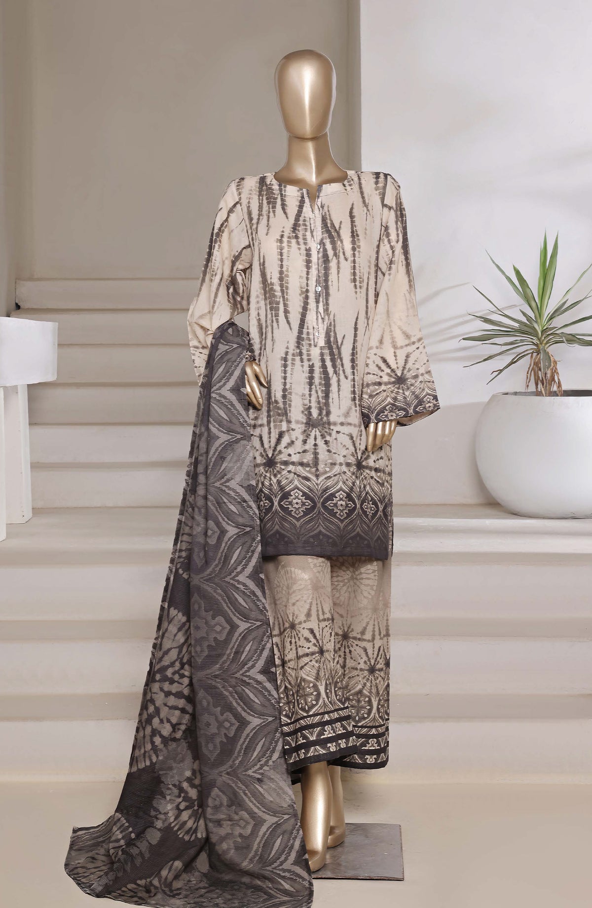 Sadabahar Printed Shimmered Cambric Stitched 3 Piece Suit - Design-07 - SBD25SHM - Fawn - Summer Collection