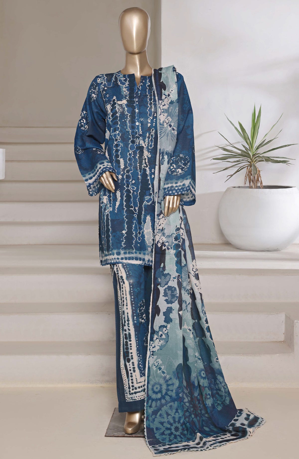 Sadabahar Printed Shimmered Cambric Stitched 3 Piece Suit - Design-05 - SBD25SHM - Blue - Summer Collection