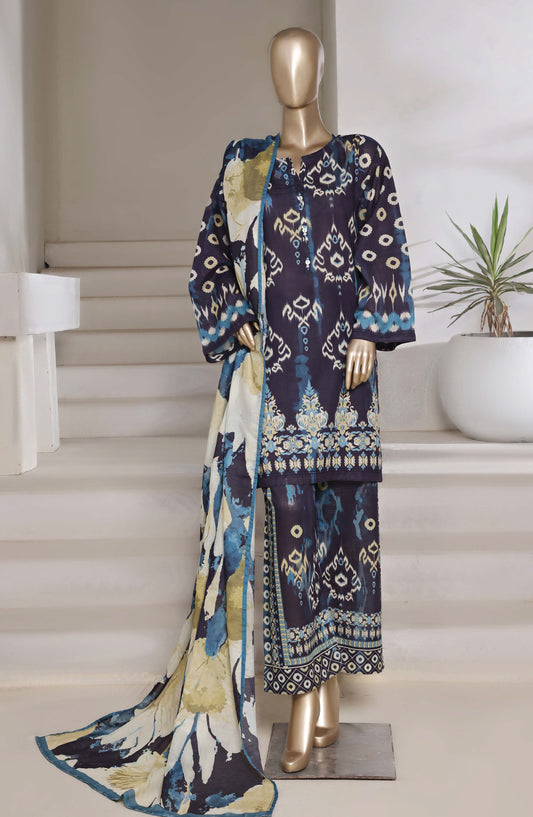 Sadabahar Printed Shimmered Cambric Stitched 3 Piece Suit - Design-02 - SBD25SHM - Blue - Summer Collection