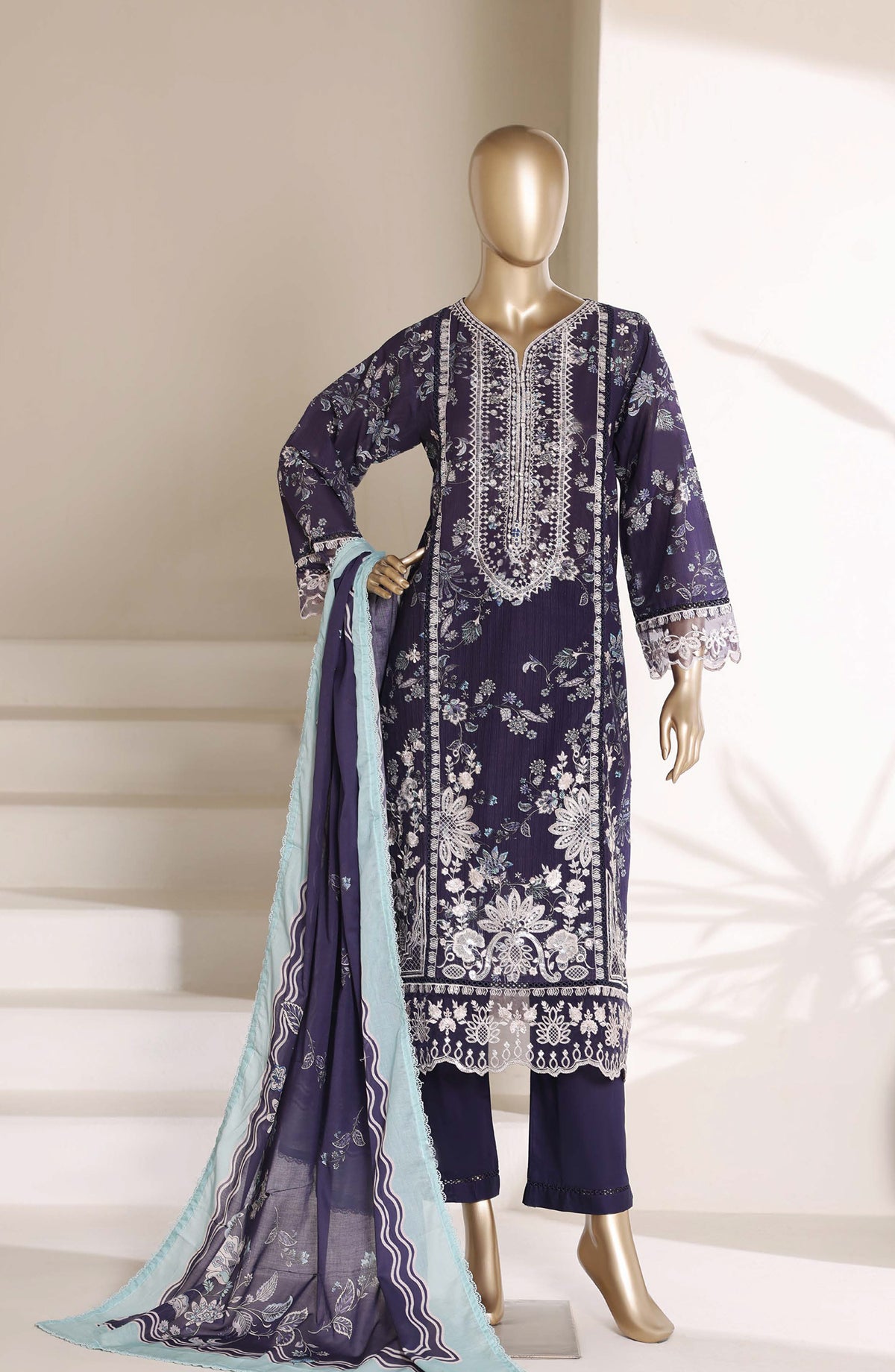 Sadabahar Embroidered Signature Stitched 3 Piece Suit - D-01 - SBD26FGV - Blue - Festive Collection