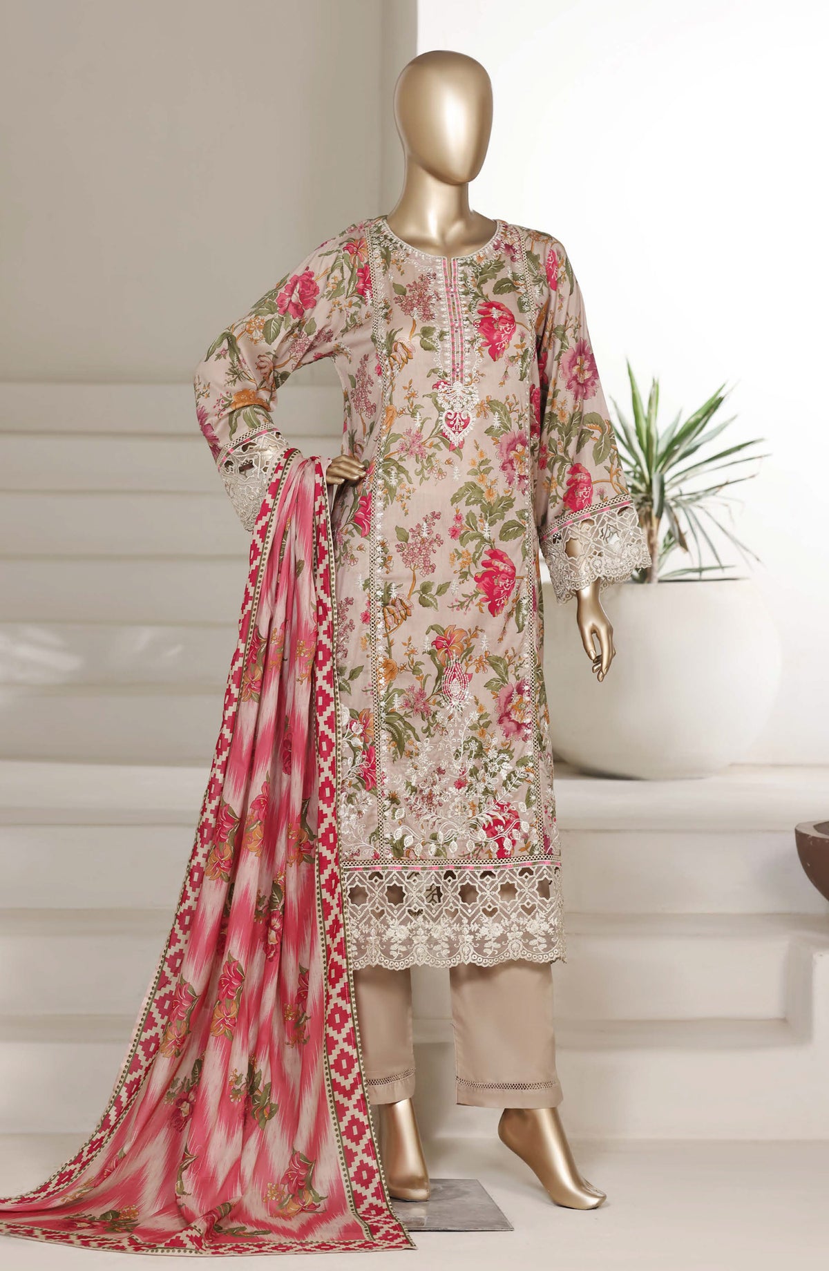 Sadabahar Embroidered Lawn Stitched 3 Piece Suit - D-04 - SBD26VL4 - Fawn - Festive Collection