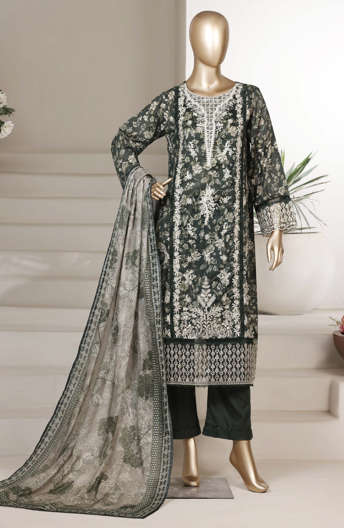 Sadabahar Embroidered Lawn Stitched 3 Piece Suit - D-01 - SBD26VL4 - Green - Festive Collection