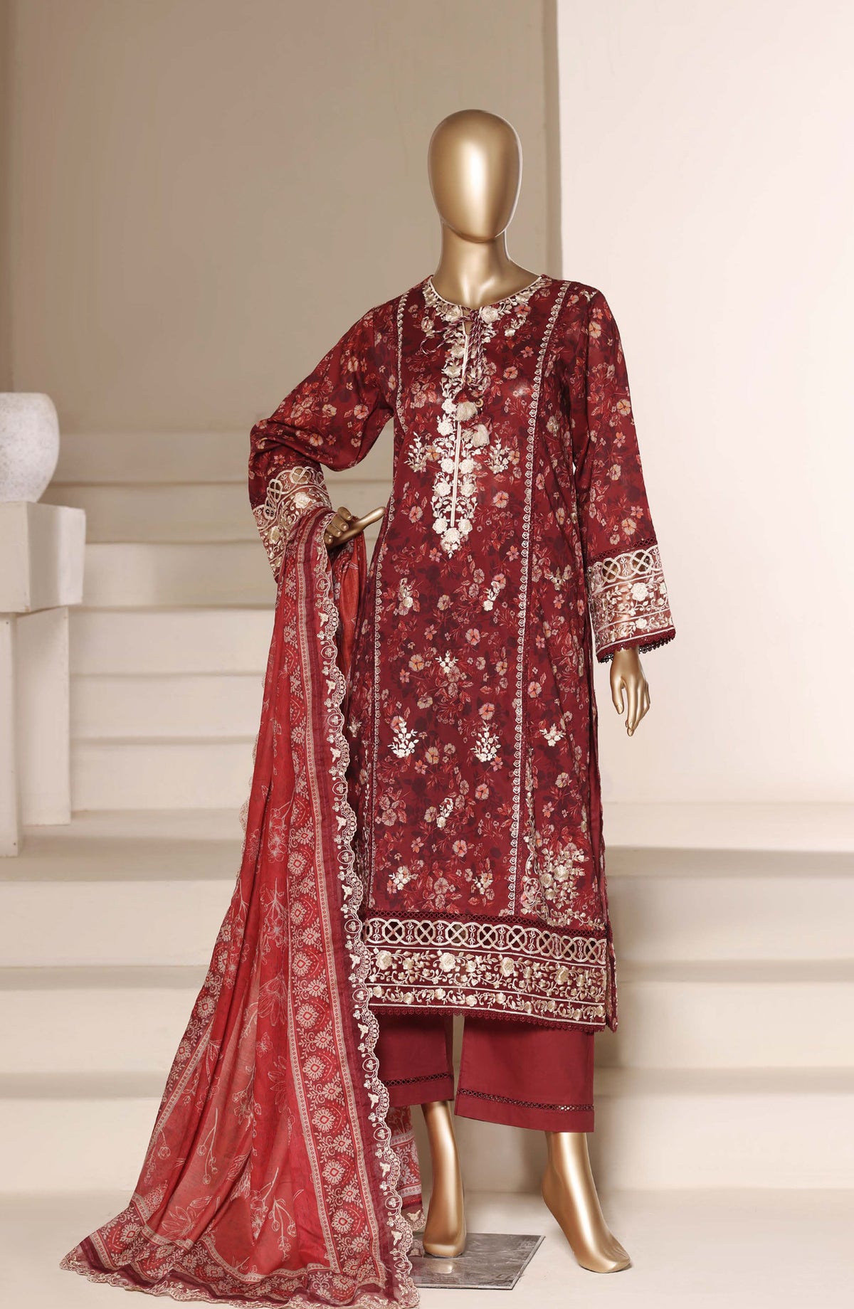 Sadabahar Signature Embroidered Stitched 3 Piece Suit - D-07 - SBD26NTR - Red - Festive Collection