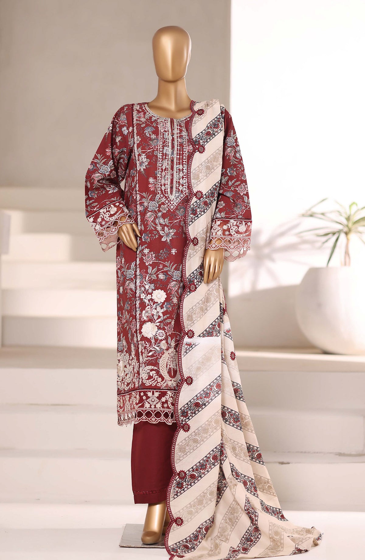 Sadabahar Signature Embroidered Khaddar Stitched 3 Piece Suit - Design-05 - SBD25SNA - Maroon - Winter Collection