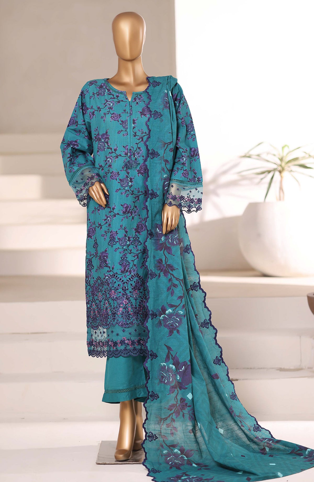 Sadabahar Signature Embroidered Khaddar Stitched 3 Piece Suit - Design-04 - SBD25SNA - Teal - Winter Collection