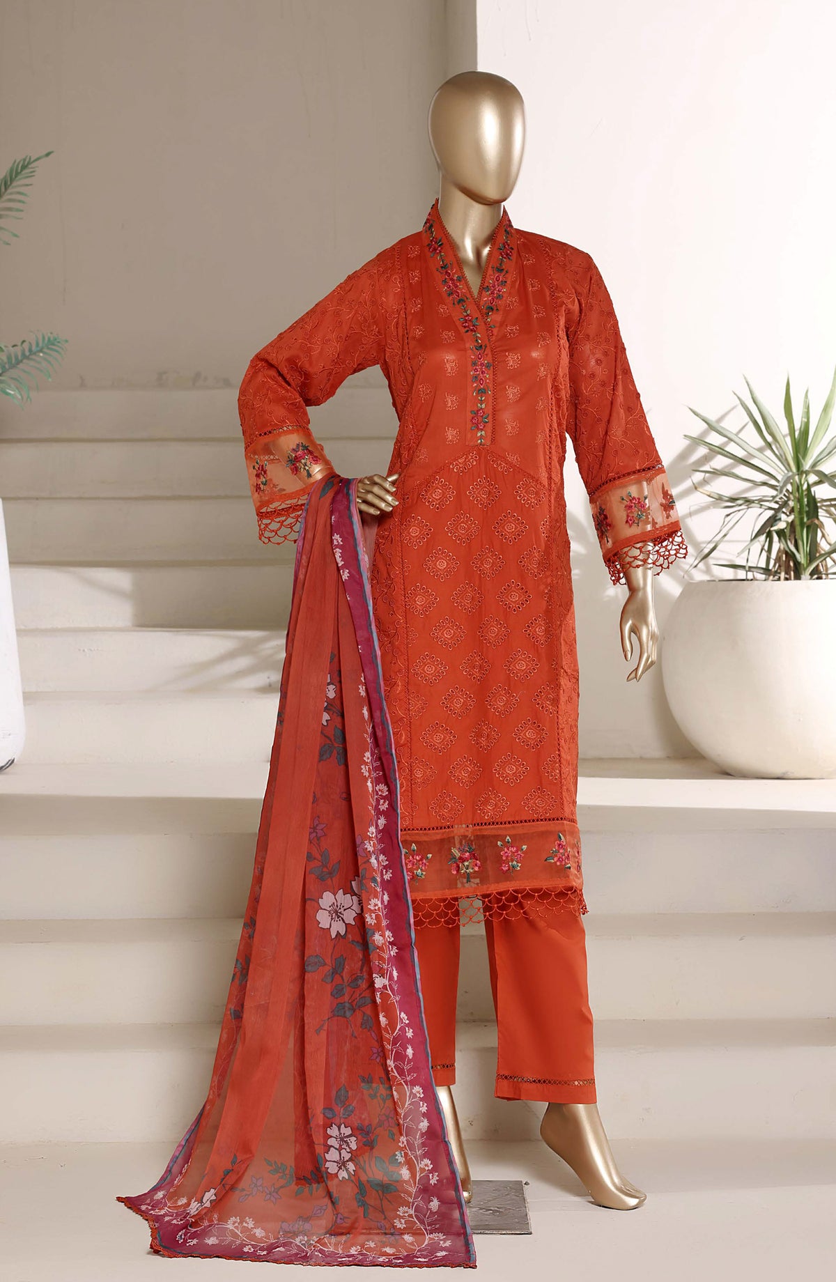 Sadabahar The Chikankari Edit Embroidered Stitched 3 Piece Suit - Design-06 - SBD26CHK - Orange - Luxury Collection