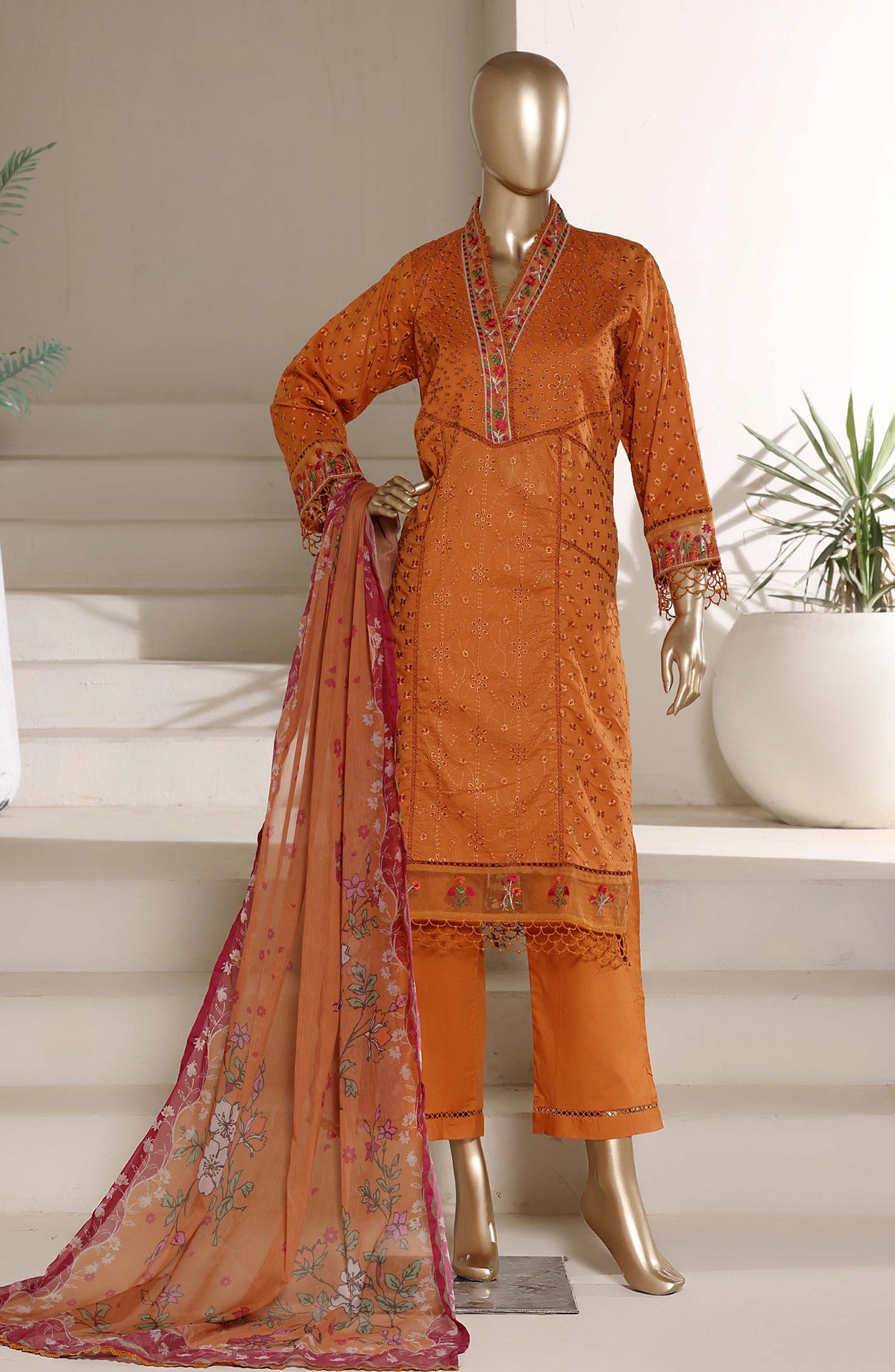 Sadabahar The Chikankari Edit Embroidered Stitched 3 Piece Suit - Design-04 - SBD26CHK - Rust - Luxury Collection
