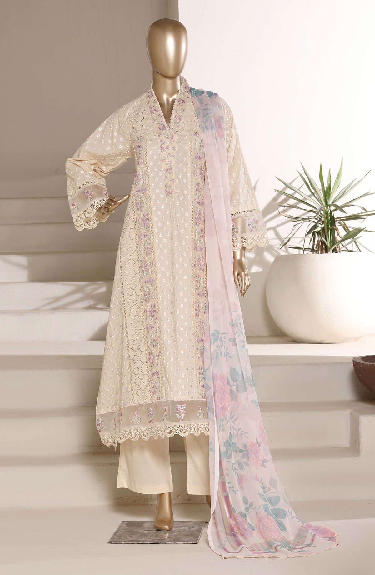 Sadabahar The Chikankari Edit Embroidered Stitched 3 Piece Suit - Design-03 - SBD26CHK - Fawn - Luxury Collection