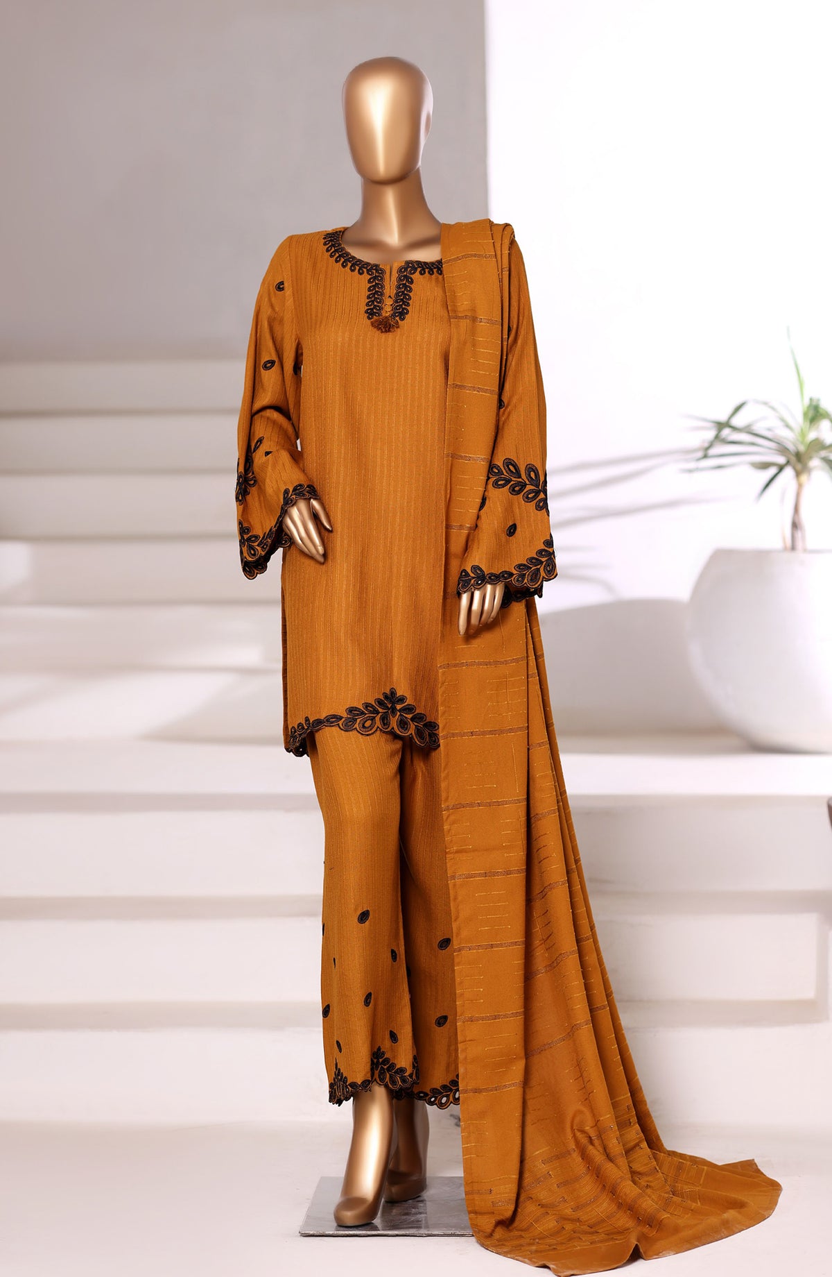 Sadabahar Vybe Embroidered Dhanak Stitched 3 Piece Suit - Design-03 - SBD25DNK - Mustard - Winter Collection