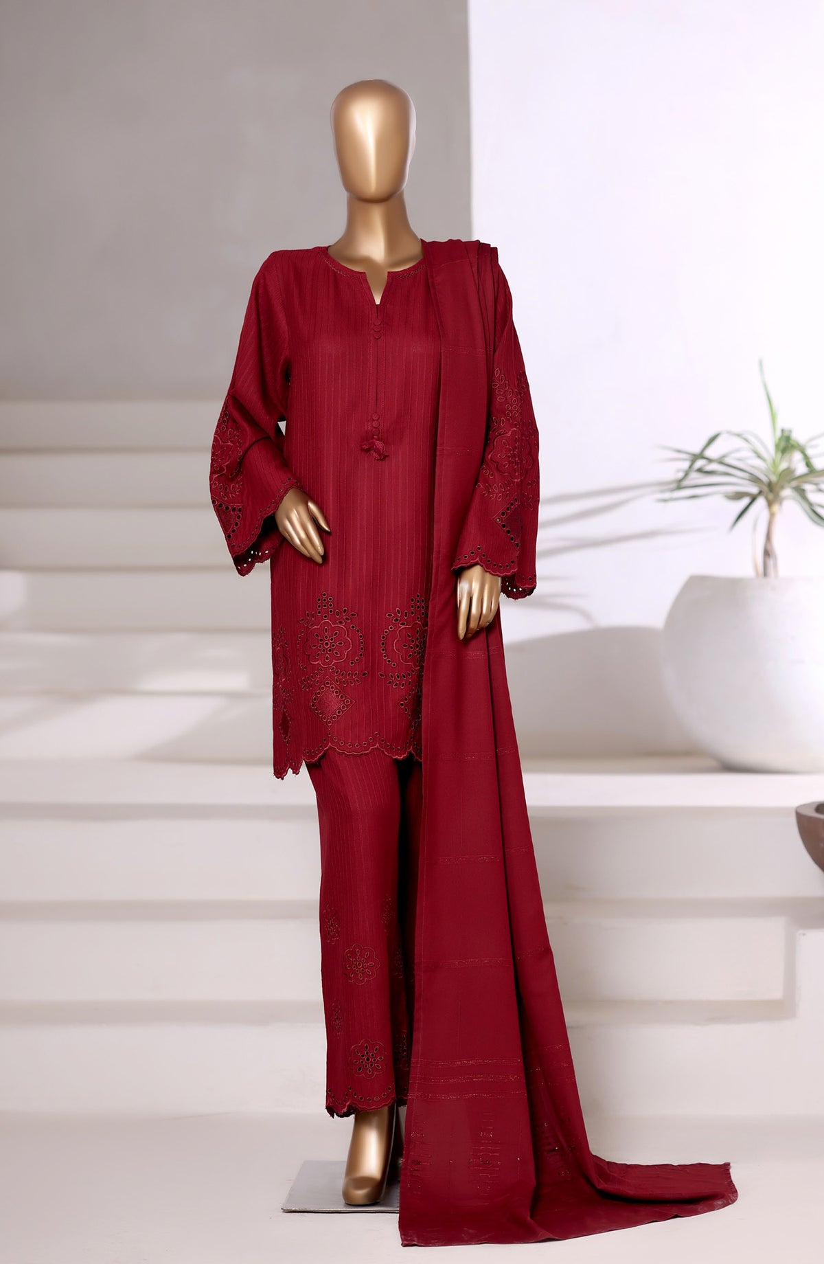 Sadabahar Vybe Embroidered Dhanak Stitched 3 Piece Suit - Design-01 - SBD25DNK - Red - Winter Collection