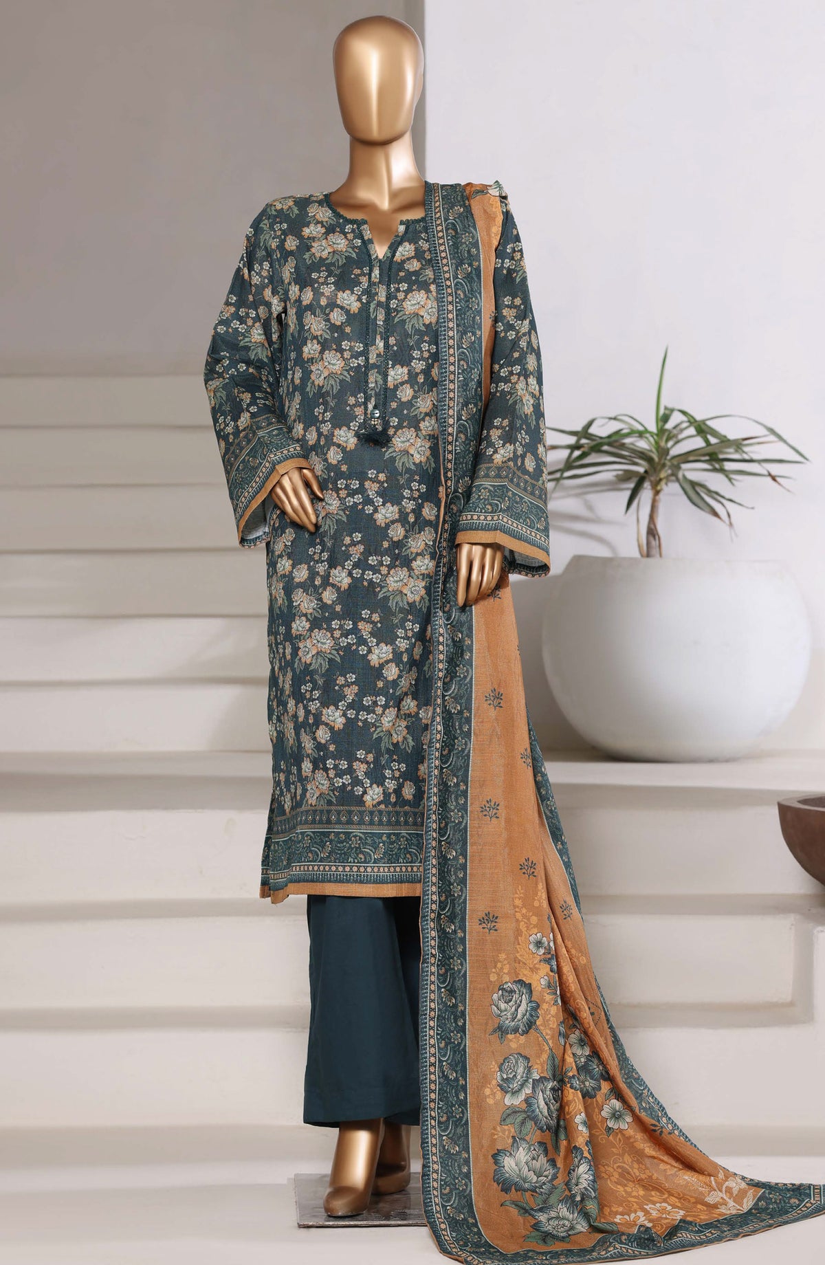 Sadabahar Printed Khaddar Stitched 3 Piece Suit - Design-04 - SBD25SHIMR - Teal - Winter Collection