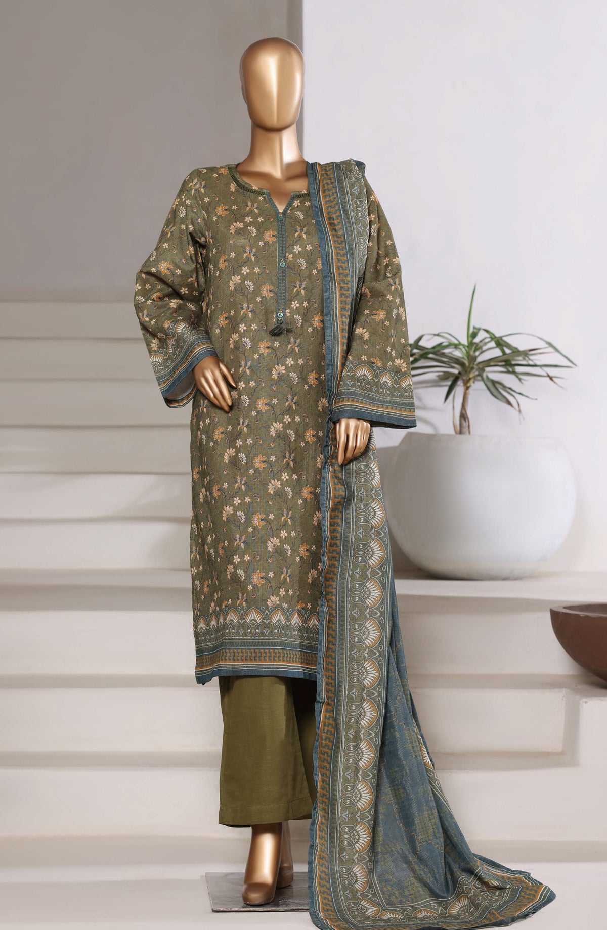 Sadabahar Printed Khaddar Stitched 3 Piece Suit - Design-02 - SBD25SHIMR - Green - Winter Collection