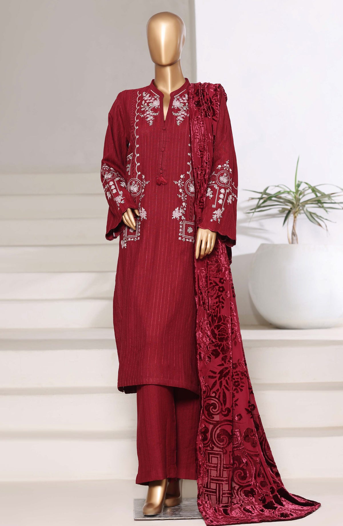 Sadabahar Luxury Embroidered Dhanak Stitched 3 Piece Suit - Design-03 - SBD25LXD - Red - Winter Collection