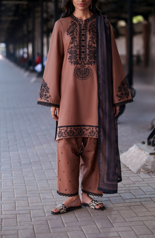 Safarnama by Casual Lite Embroidered Cotton Lawn Stitched 3 Piece Suit - Ciara Earth - CL26SFR - Brown - Summer Collection