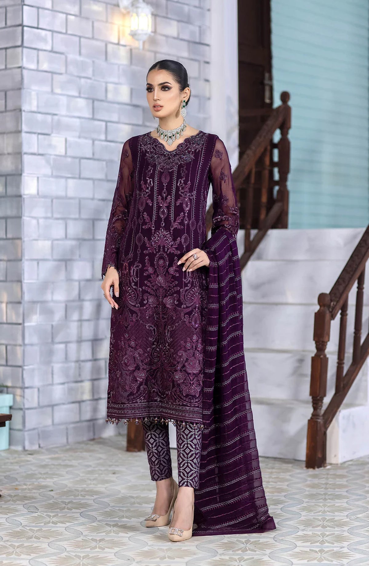 Safeera by Flossie Embroidered Chiffon Unstitched 3 Piece Suit - Design-03 - Burgundy - Formals Collection