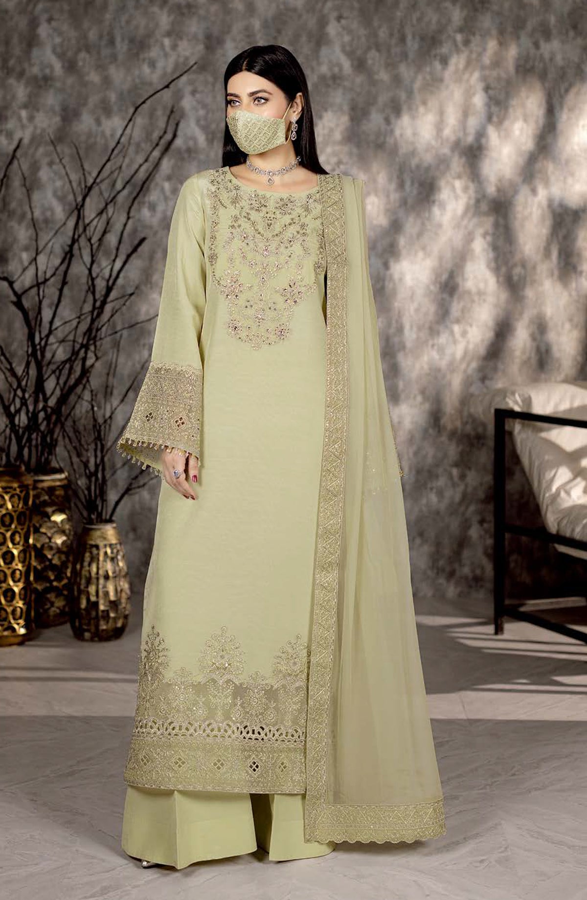 Safeera by Flossie Embroidered Raw Silk Unstitched 3 Piece Suit - RS-02 - FLS25RS - Lemon - Formal Collection