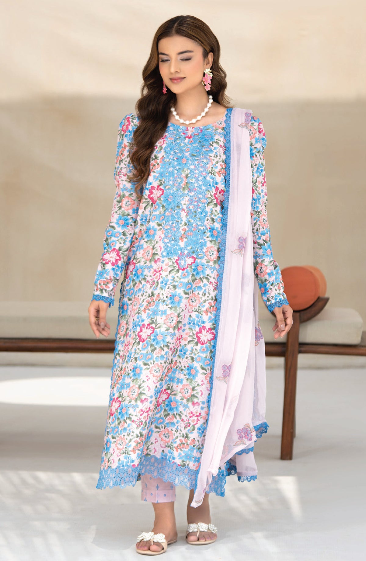 Saffron by Sanam Saeed Embroidered Lawn Unstitched 3 Piece Suit - D-08 - AK26SOF - Blue - Summer Collection
