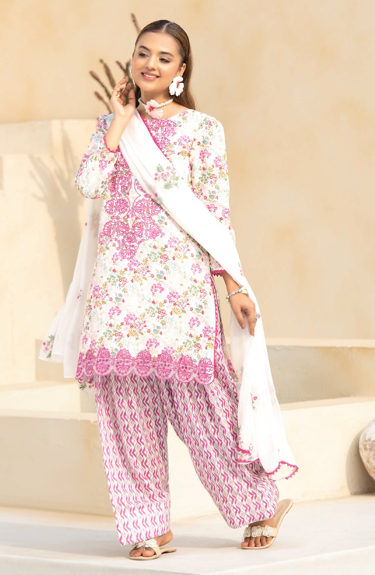 Saffron by Sanam Saeed Embroidered Lawn Unstitched 3 Piece Suit - D-07 - AK26SOF - Pink - Summer Collection