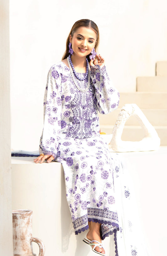 Saffron by Sanam Saeed Embroidered Lawn Unstitched 3 Piece Suit - D-03 - AK26SOF - White - Summer Collection