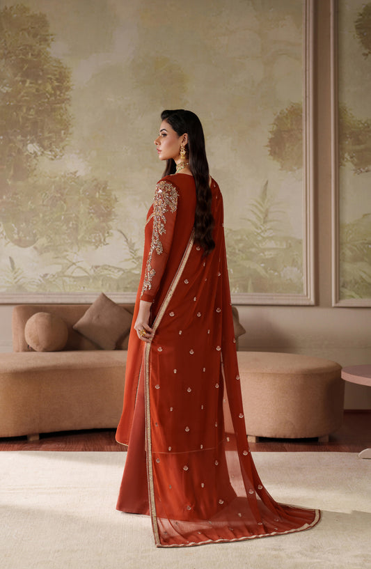 Saheera by Zarif Embroidered Chiffon Unstitched 3 Piece Suit - ZRF-ZHE-03 FARHEEN - ZRF25SRA - Rust - Luxury Collection
