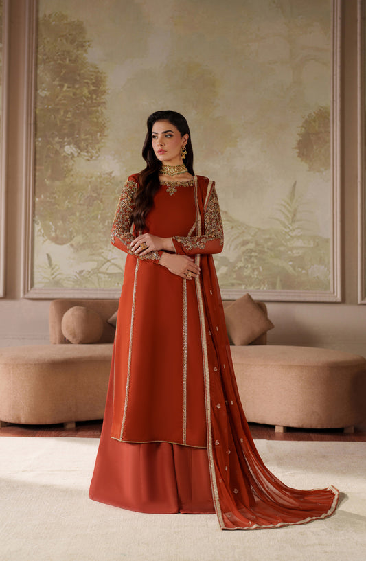 Saheera by Zarif Embroidered Chiffon Unstitched 3 Piece Suit - ZRF-ZHE-03 FARHEEN - ZRF25SRA - Rust - Luxury Collection