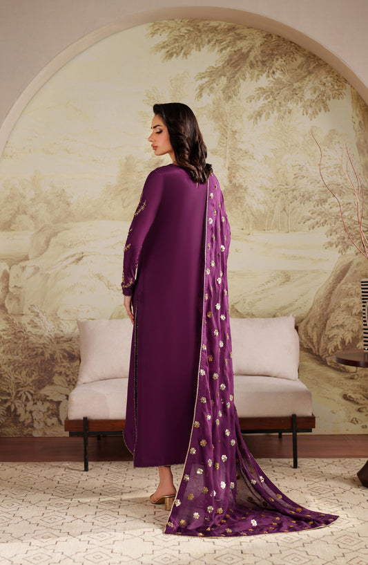 Saheera by Zarif Embroidered Raw Silk Unstitched 3 Piece Suit - ZRF-ZHE-01 UMAIRAH - ZRF25SRA - Purple - Luxury Collection